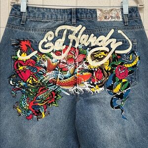 Ed Hardy Light Wash Denim Jeans - Tattoo koi fish painted